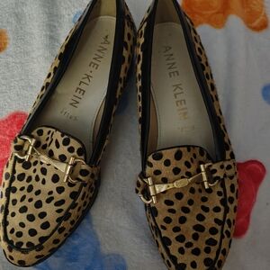 Anne Klein Leopard-Print Loafers in Tan and Black with Gold Hardware